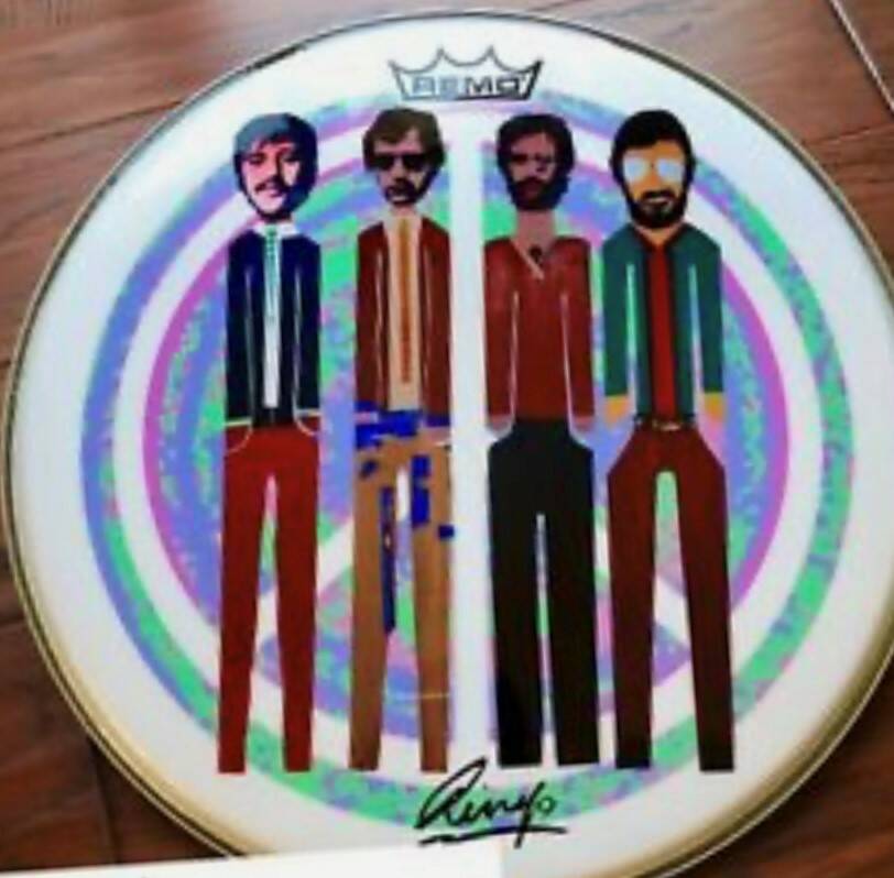 Ringo Starr's 4 Wooden Men, silkscreen on a full-sized Reno drum head and hand-signed is on dis ...