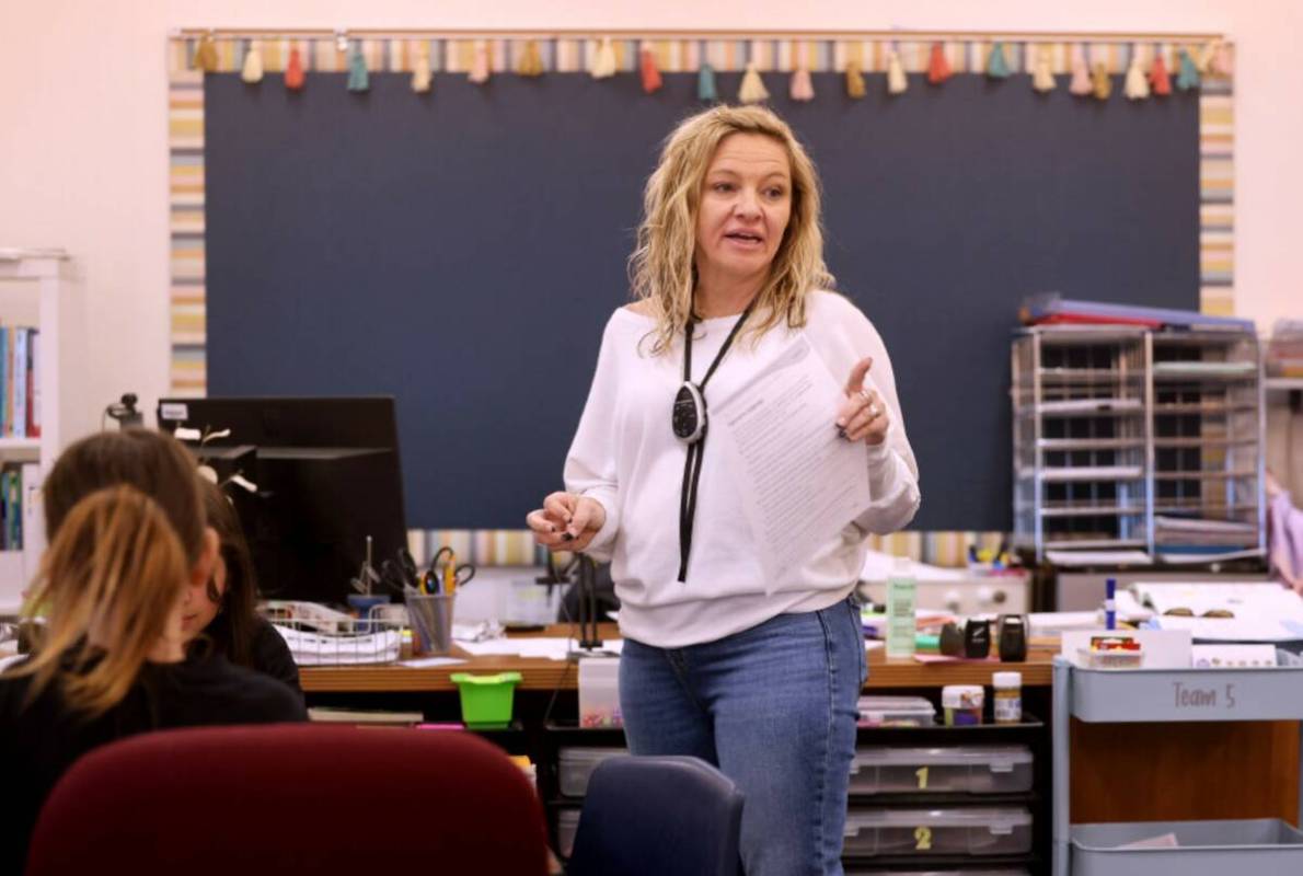 Lee Antonello Elementary School 5th grade teacher Nicole Martin talks to her class at the Las V ...