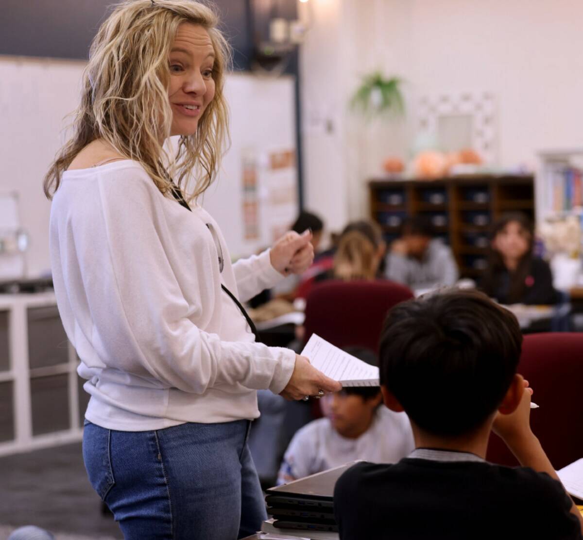 Lee Antonello Elementary School 5th grade teacher Nicole Martin talks to her class at the Las V ...