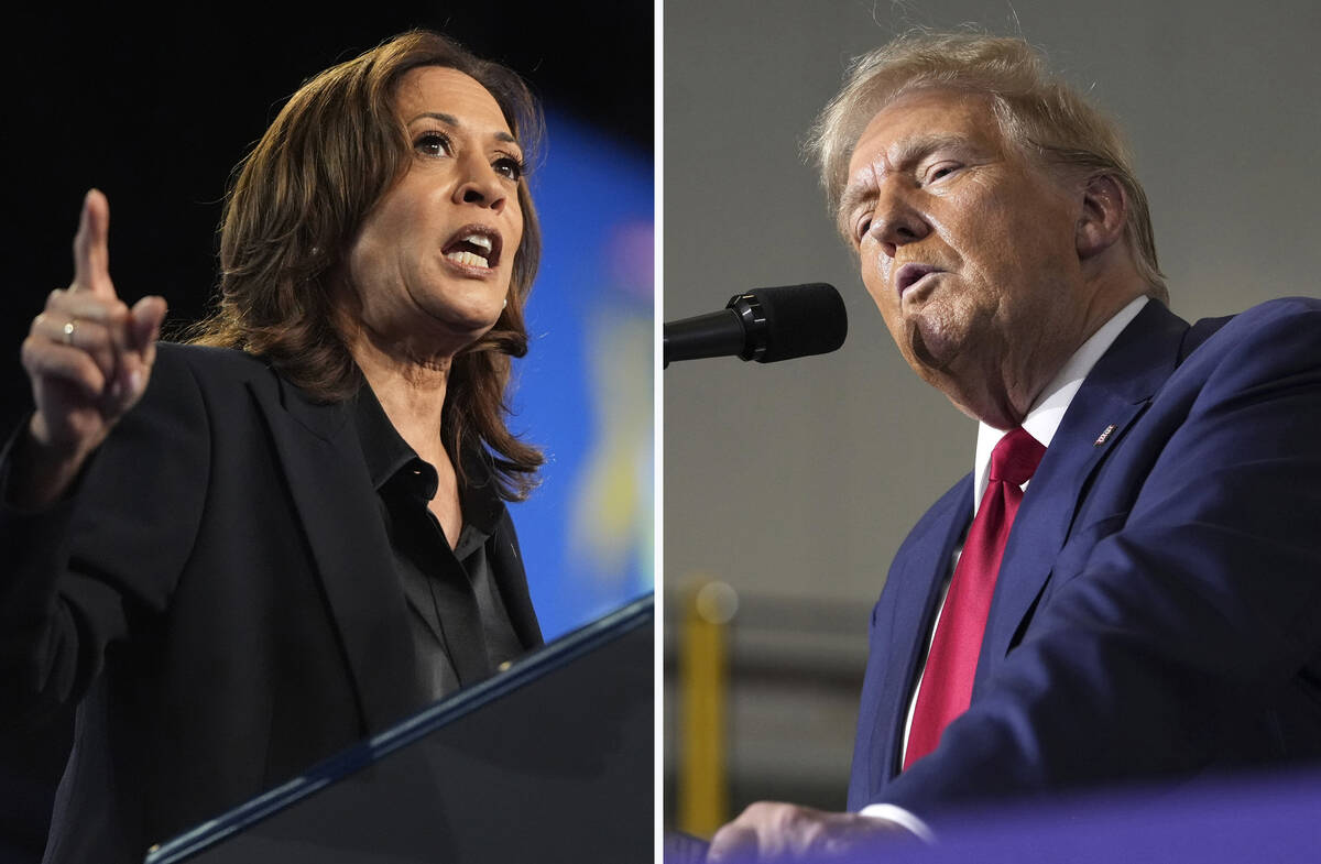 This combination photo shows Democratic presidential nominee Vice President Kamala Harris at a ...