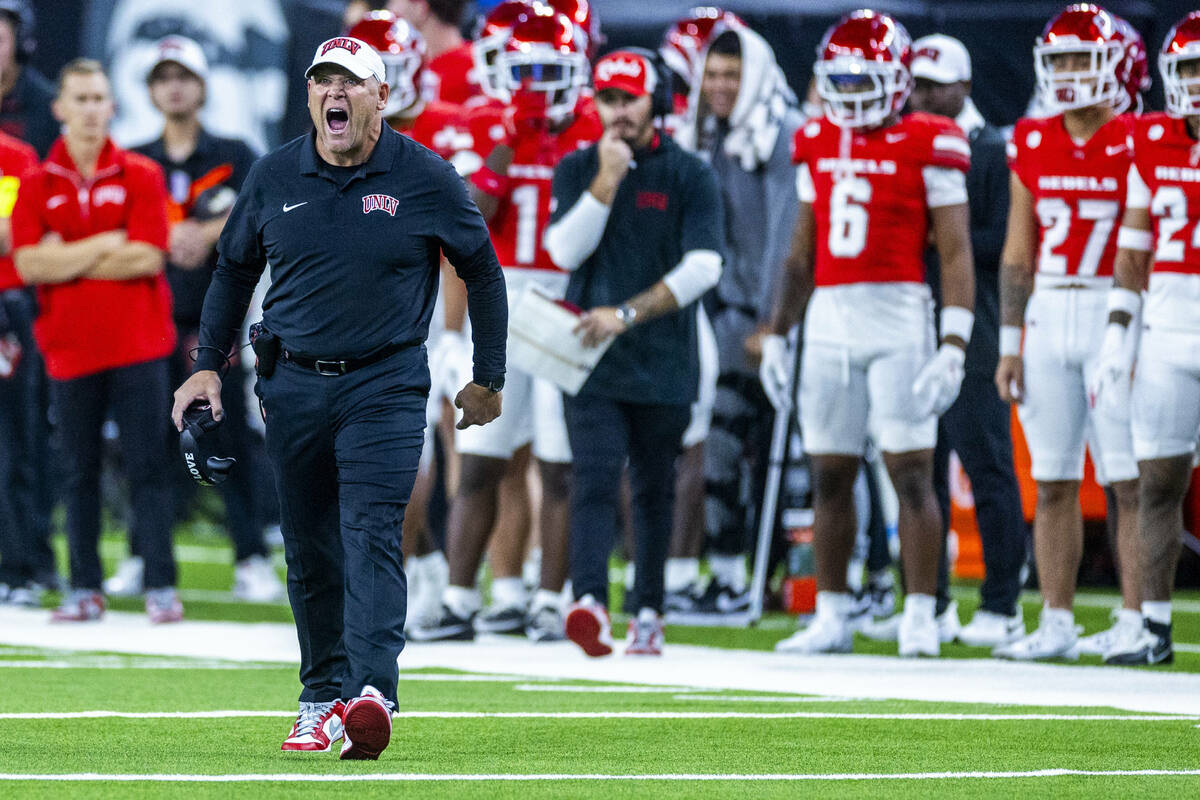 UNLV head coach Barry Odom emphasizes his point to a referee against the Boise State Broncos du ...