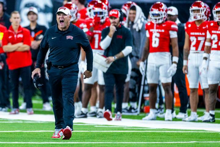 UNLV head coach Barry Odom emphasizes his point to a referee against the Boise State Broncos du ...