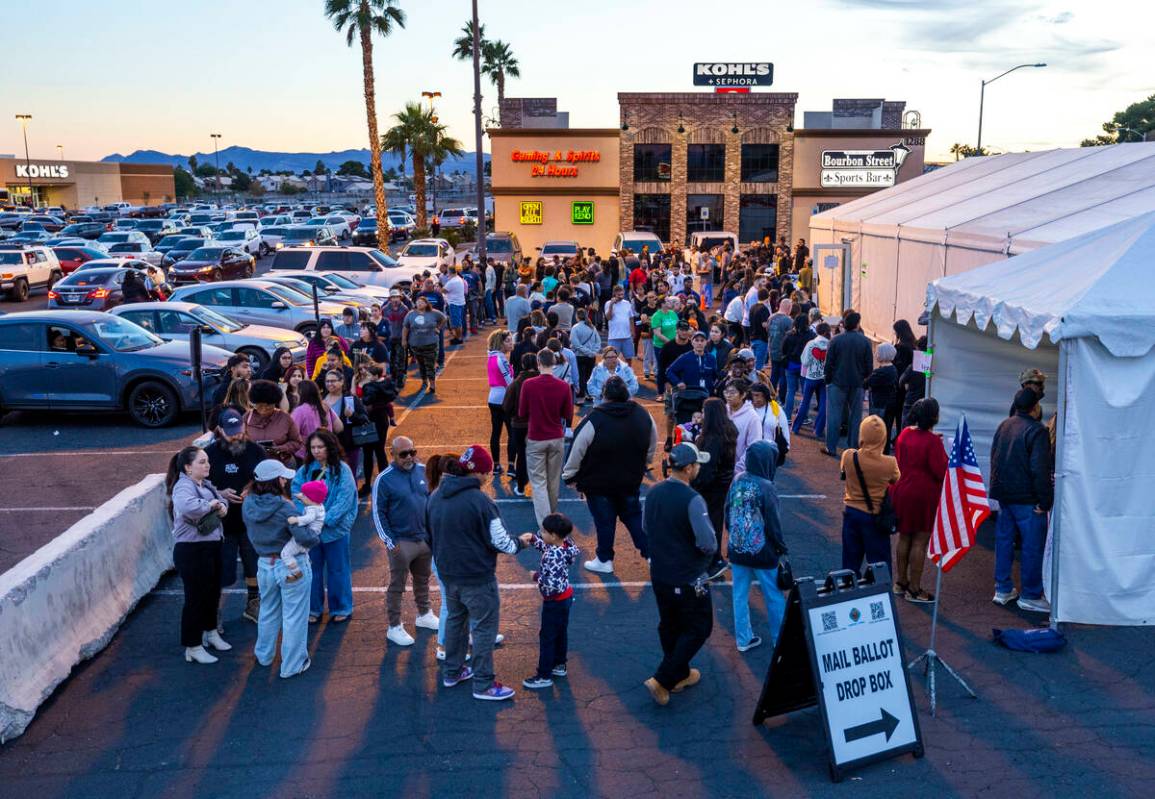 Voters stand in a long, back and forth line to cast their ballots in a polling spot at the Nell ...