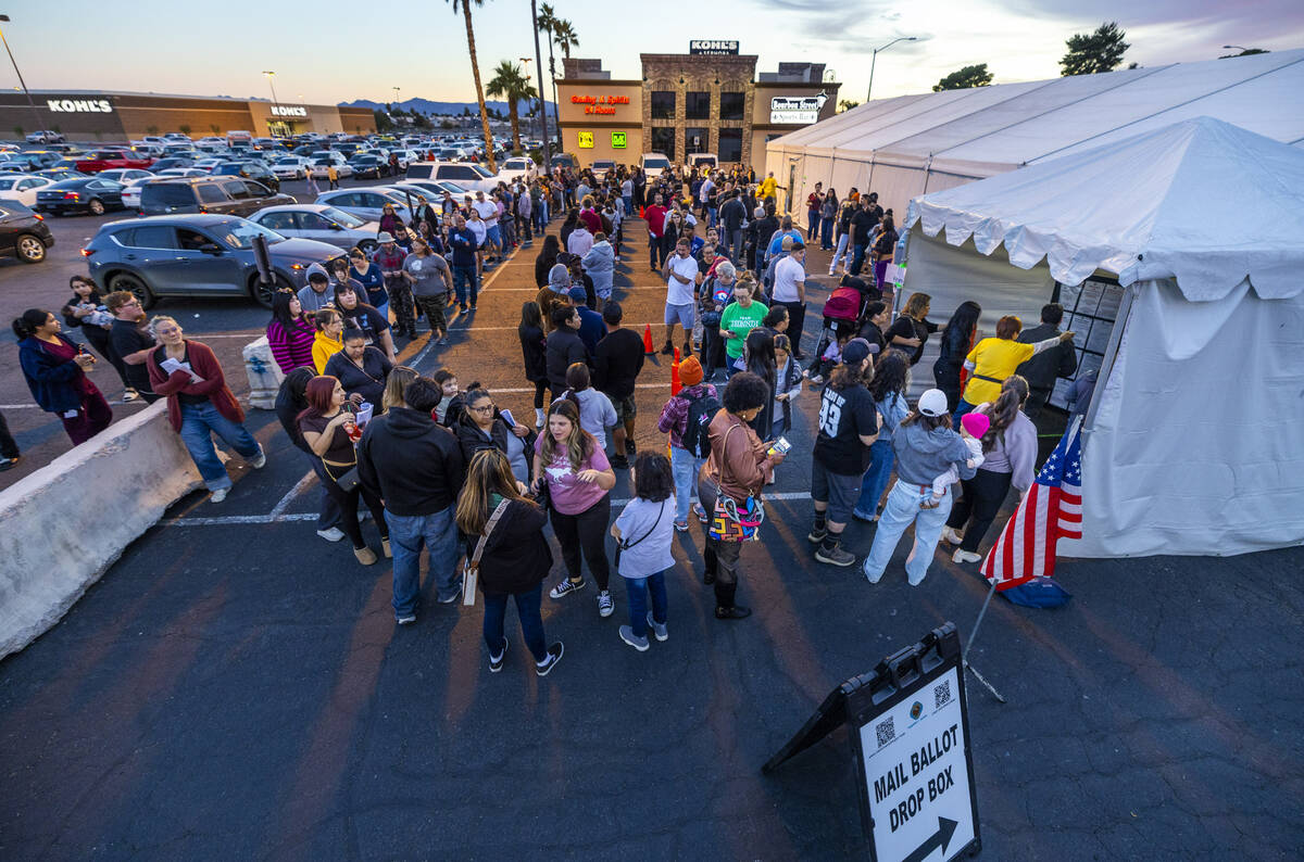 Voters stand in a long, back and forth line to cast their ballots in a polling spot at the Nell ...