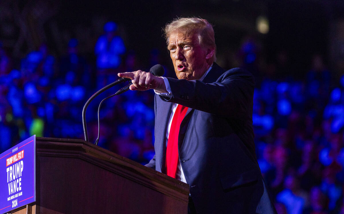 Former President Donald Trump speaks during a rally at the Lee's Family Forum on Thursday, Oct. ...