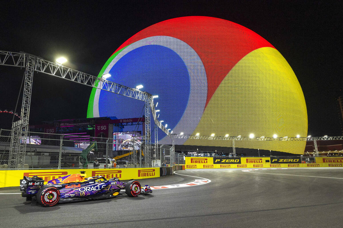 Red Bull Racing driver Max Verstappen turns a corner about the MSG Sphere during the practice s ...