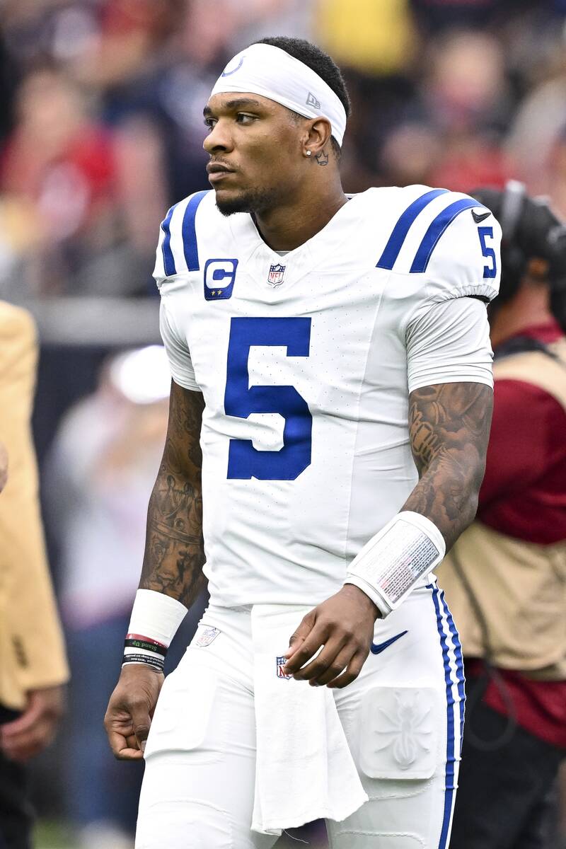 Indianapolis Colts quarterback Anthony Richardson walks on the field prior to an NFL football g ...