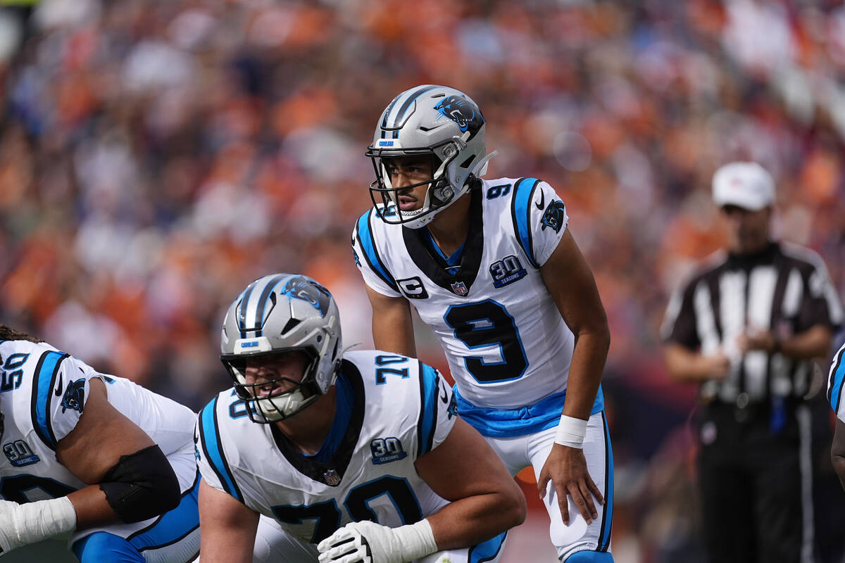 Carolina Panthers guard Brady Christensen (70) prepares to snap the ball to quarterback Bryce Y ...