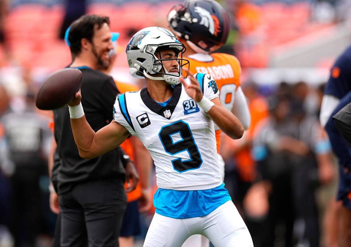 Carolina Panthers quarterback Bryce Young (9) warms up before an NFL football game Sunday, Oct. ...