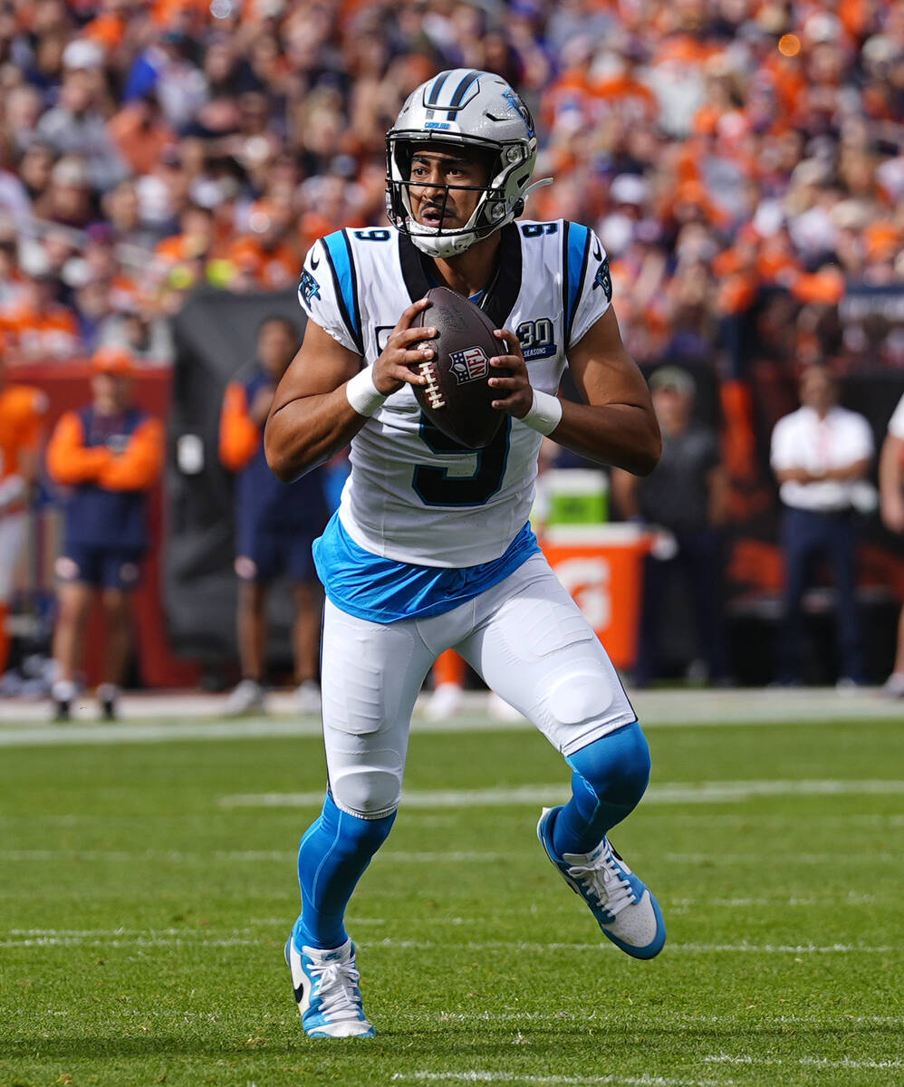 Carolina Panthers quarterback Bryce Young (9) in the first half of an NFL football game Sunday, ...