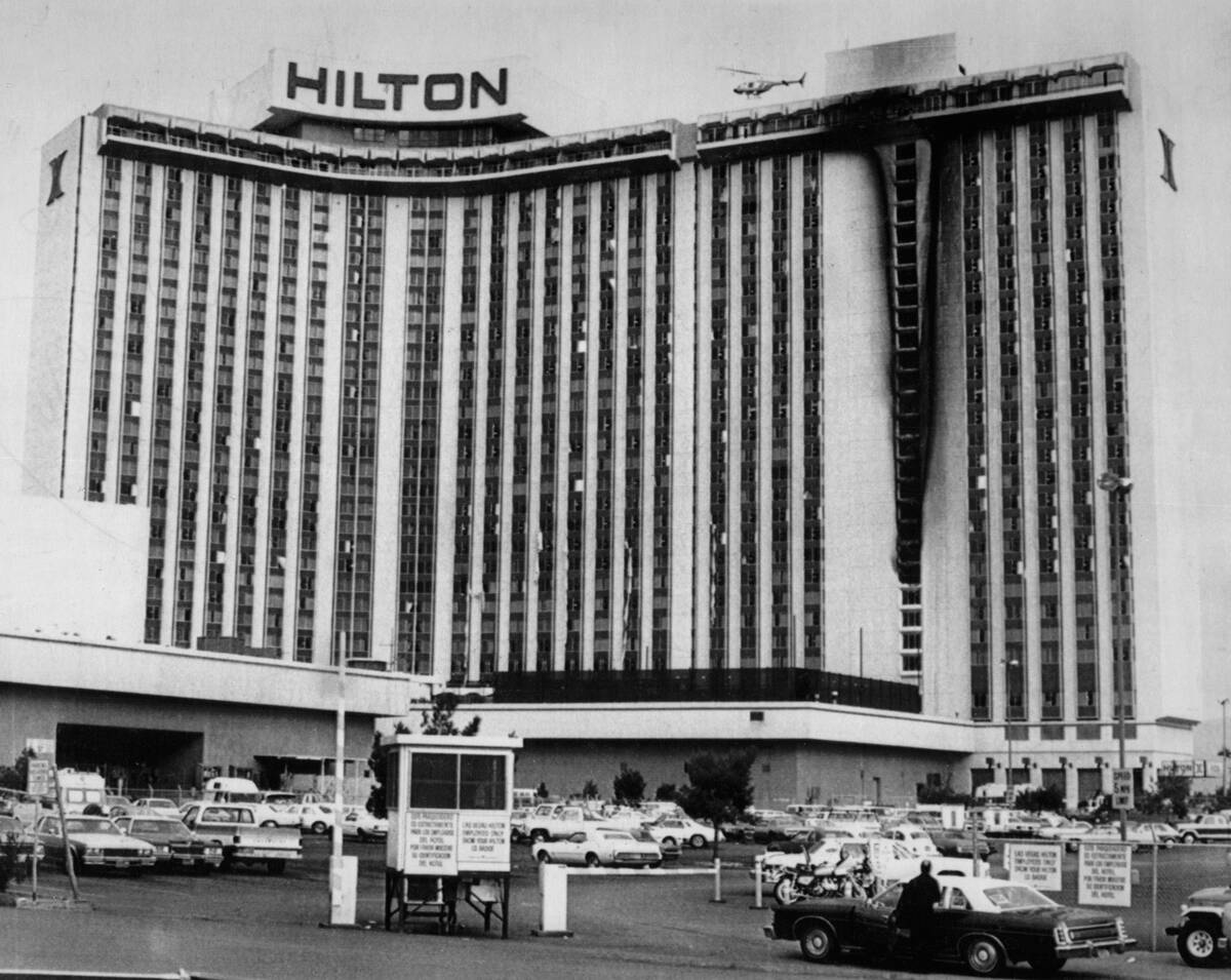 The Las Vegas Hilton hotel-casino showing the southeast wing charred from the eight floor to th ...