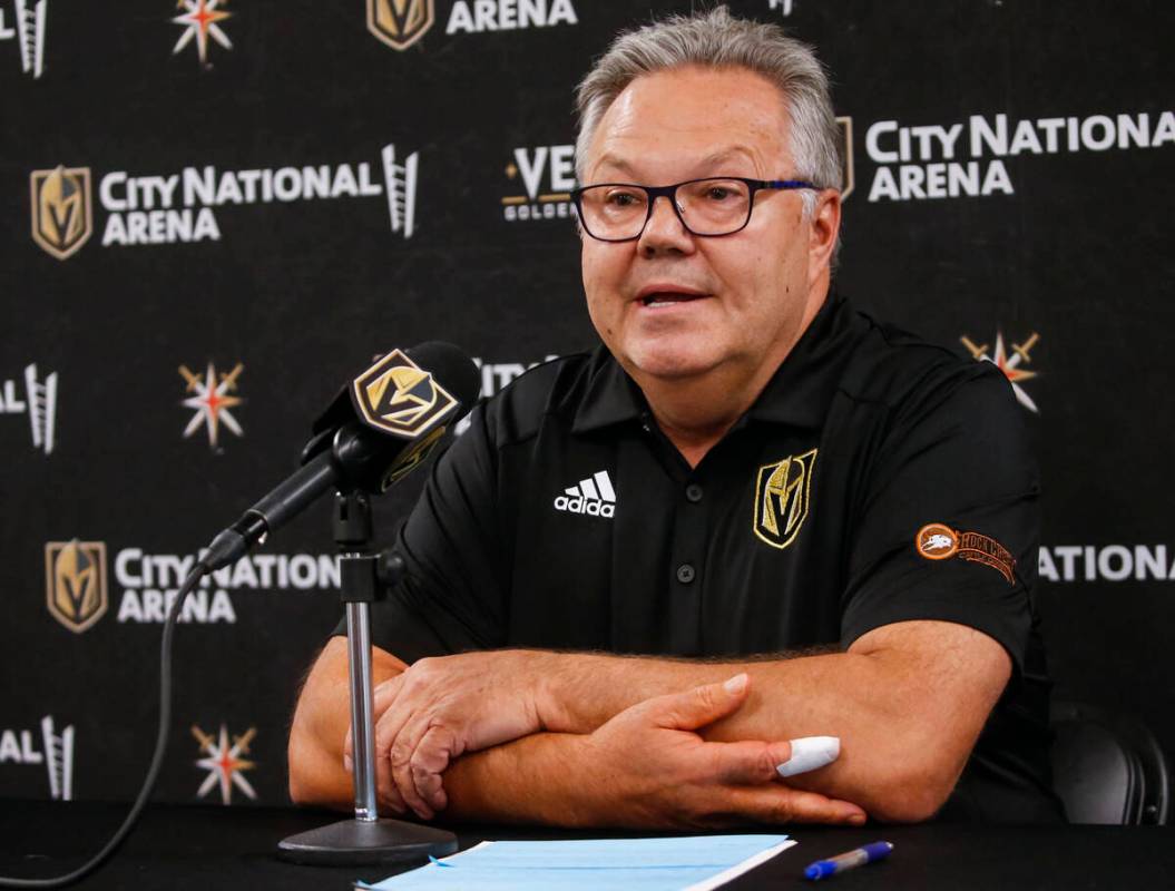 Golden Knights general manager Kelly McCrimmon speaks with members of the media at City Nationa ...