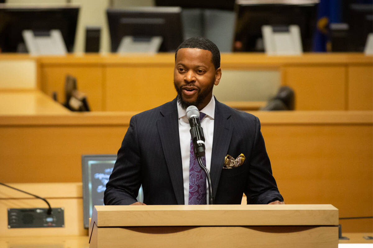 Commissioner William McCurdy II speaks at Las Vegas City Hall on Thursday, Jan. 19, 2023. (Amay ...