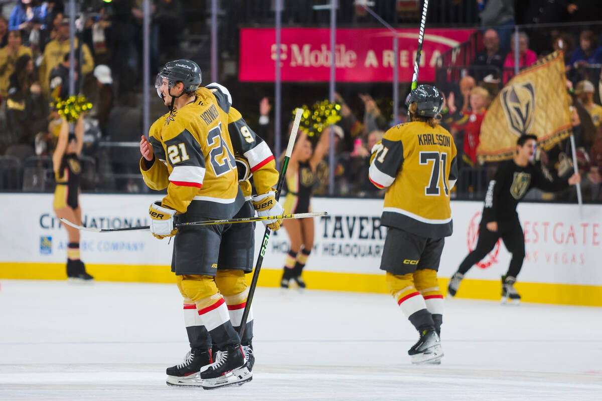 Golden Knights center Brett Howden (21) skates off the ice after scoring a game winning goal in ...