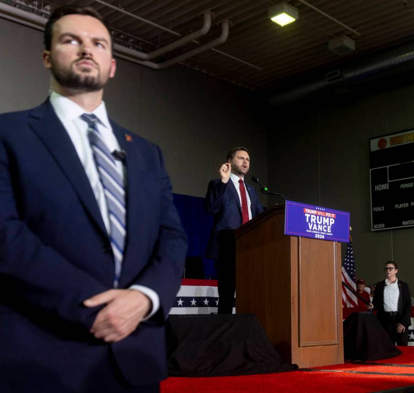 Republican vice presidential nominee Sen. JD Vance, R-Ohio, speaks during a campaign event at t ...