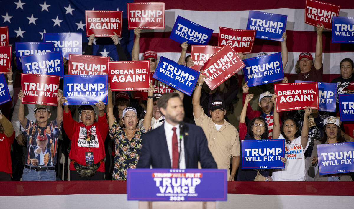 The crowd cheers as Republican vice presidential nominee Sen. JD Vance, R-Ohio, speaks during a ...