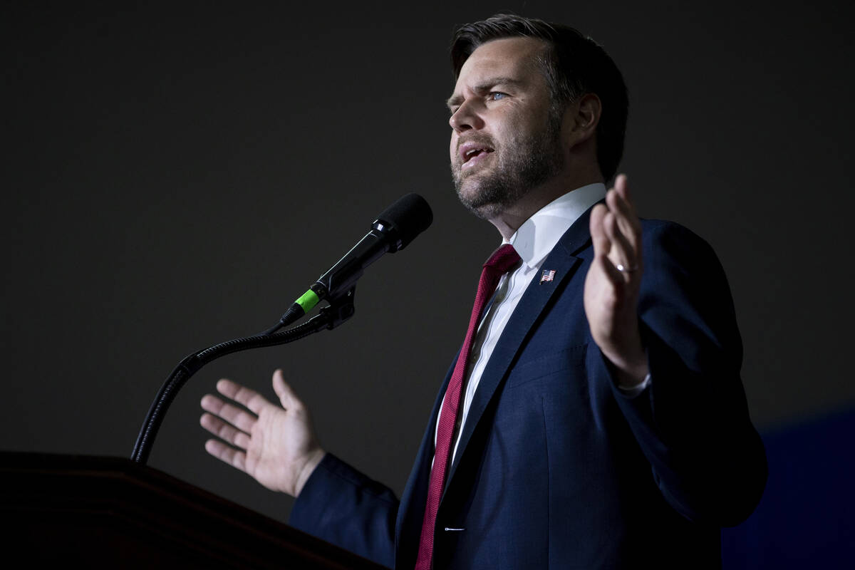 Republican vice presidential nominee Sen. JD Vance, R-Ohio, speaks during a campaign event at t ...