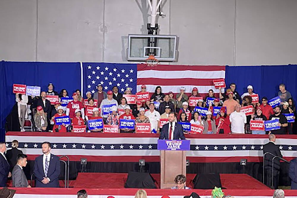 Republican vice presidential nominee Sen. J.D. Vance speaks to supporters at Whitney Recreation ...