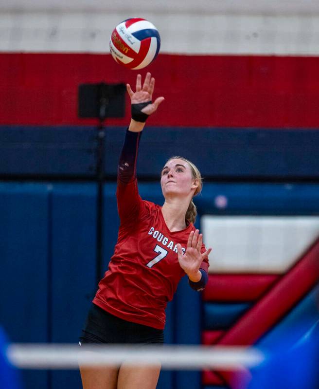 Coronado's Gentry Oblad (7) serves the ball to Bishop Gorman during the first set of their Clas ...