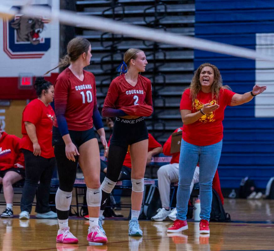 Coronado's head coach Melody Nua argues a lost point in a close set to Bishop Gorman with playe ...