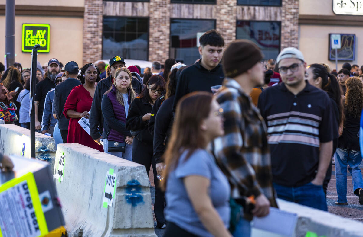 Voters stand in a long, back and forth line to cast their ballots in a polling spot at the Nell ...