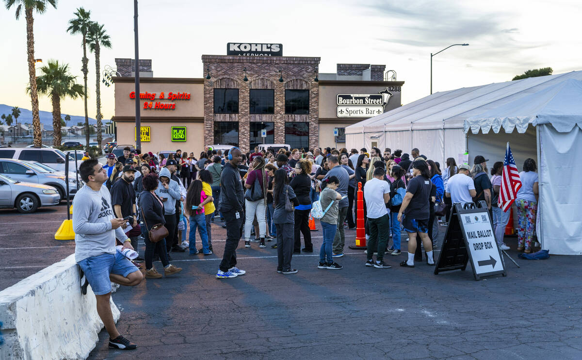 Voters stand in a long, back and forth line to cast their ballots in a polling spot at the Nell ...