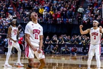 UNLV Rebels guard Dedan Thomas Jr. (11) is pumped up as he scores to send the game into overtim ...