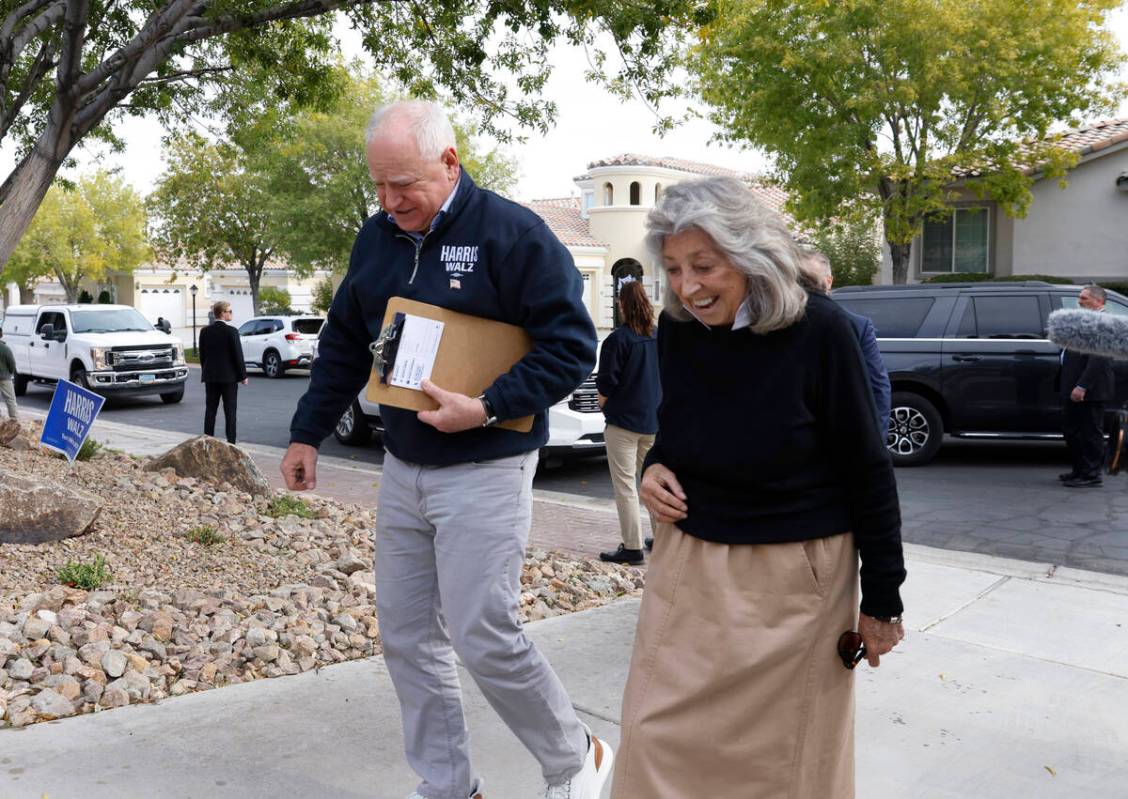 Democratic vice presidential nominee Tim Walz and Rep. Dina Titus, D-Nev., arrive in Henderson ...