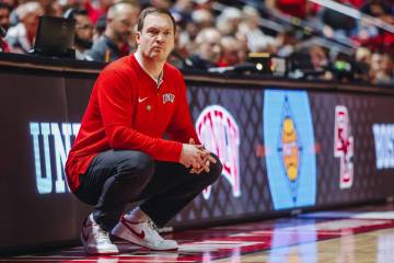 UNLV head coach Kevin Kruger stares down a referee during a second-round NIT game between Bosto ...