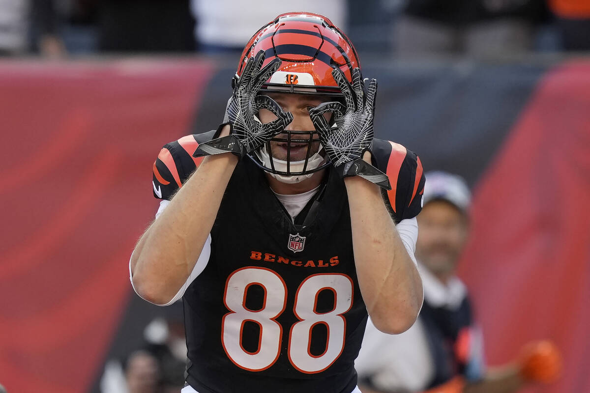 Cincinnati Bengals tight end Mike Gesicki (88) celebrates after scoring a touchdown against the ...