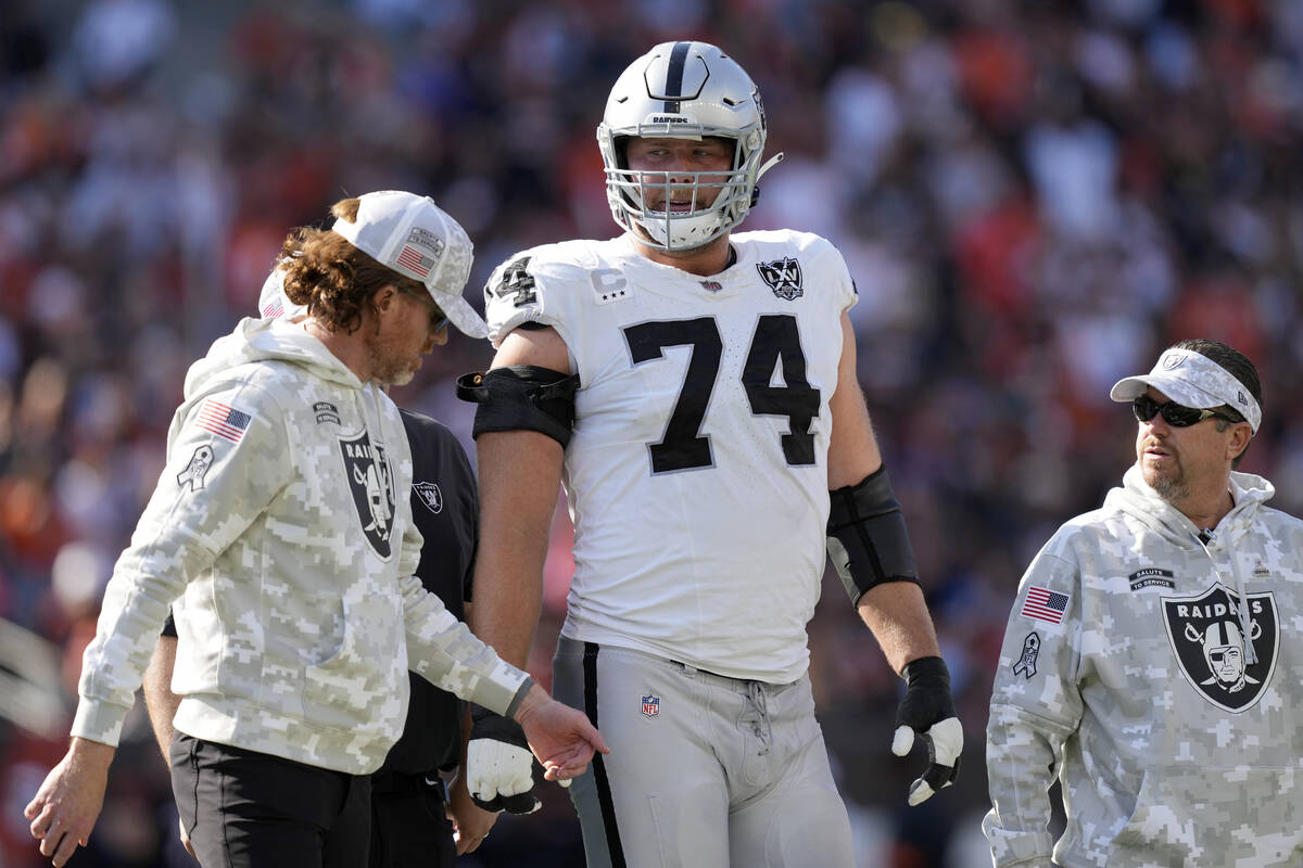 Las Vegas Raiders offensive tackle Kolton Miller (74) walks off the field during the first half ...