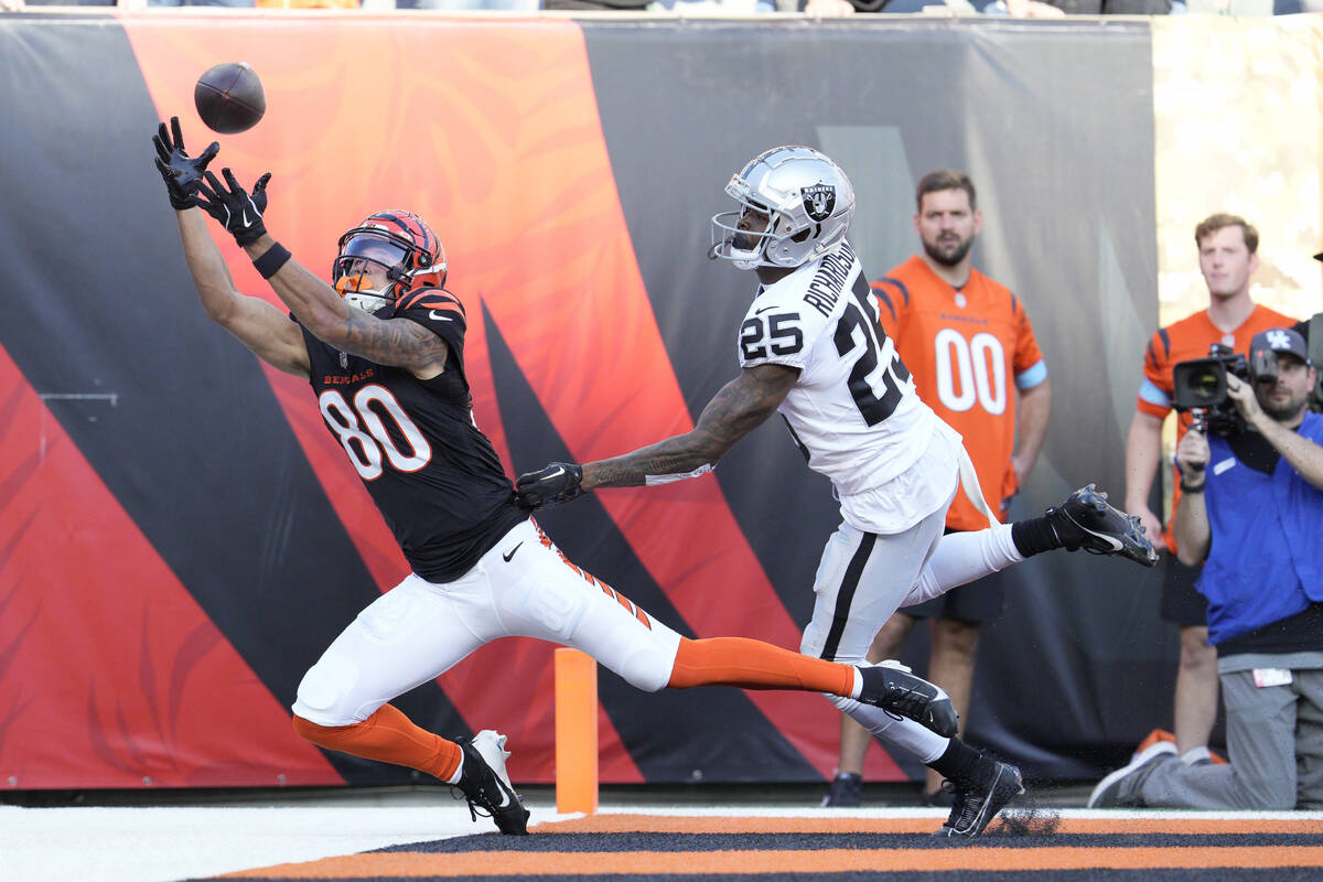 Cincinnati Bengals wide receiver Andrei Iosivas (80) cannot catch a pass in front of Las Vegas ...