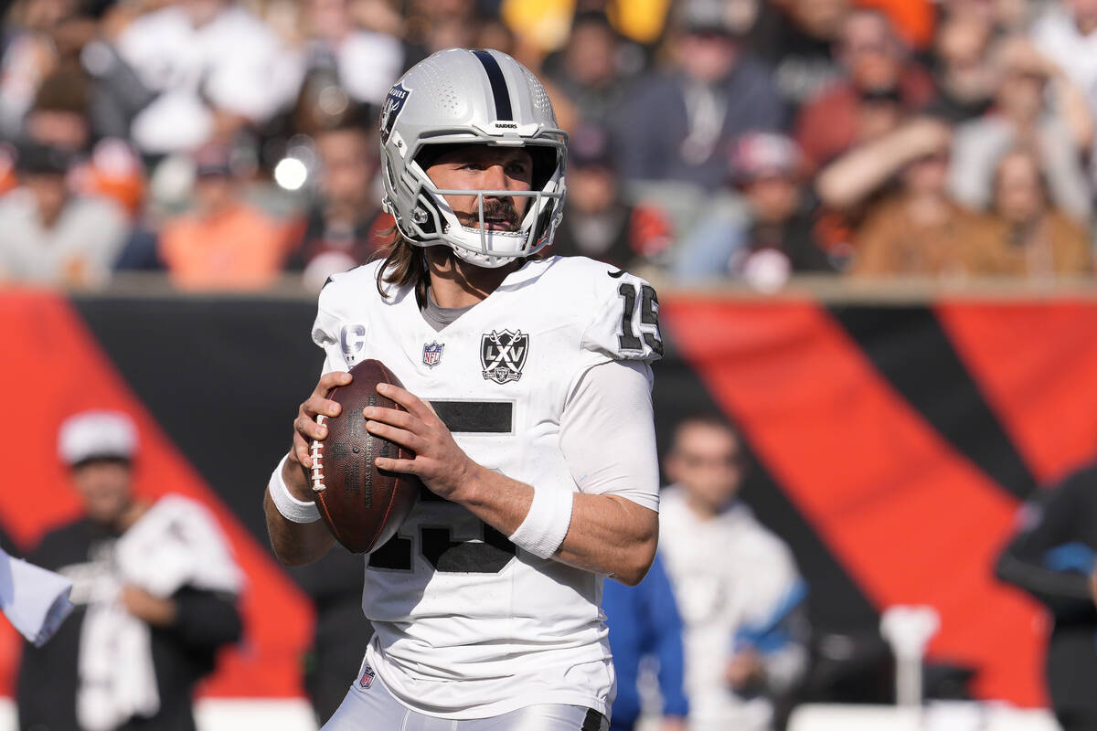 Las Vegas Raiders quarterback Gardner Minshew II (15) drops back to pass against the Cincinnati ...