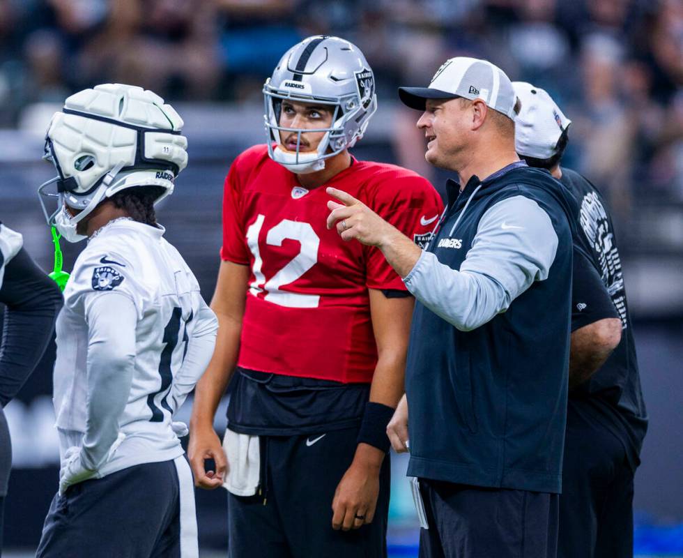 Raiders quarterback Aidan O'Connell (12) listens to offensive coordinator Luke Getsy during an ...