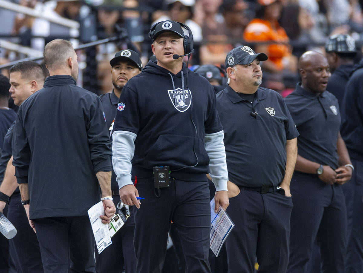 Raiders Offensive Coordinator Luke Getsy works the sidelines against the Cleveland Browns durin ...