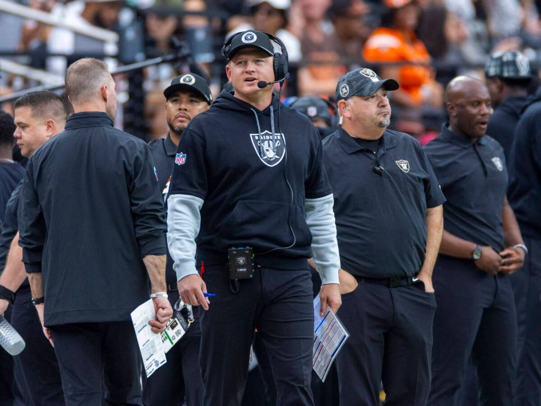 Raiders Offensive Coordinator Luke Getsy works the sidelines against the Cleveland Browns durin ...