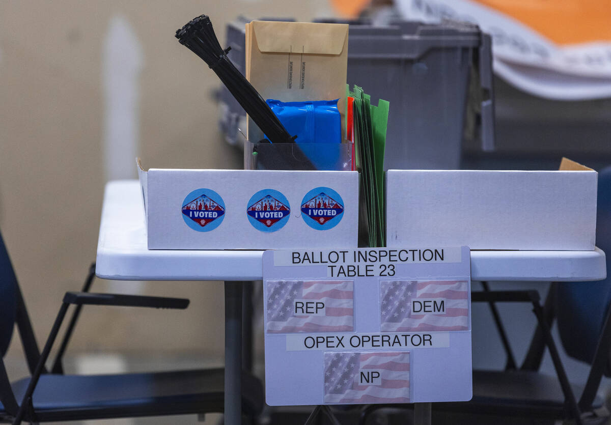 One of the many ballot inspection tables in preparation for elections at the Clark County Elect ...