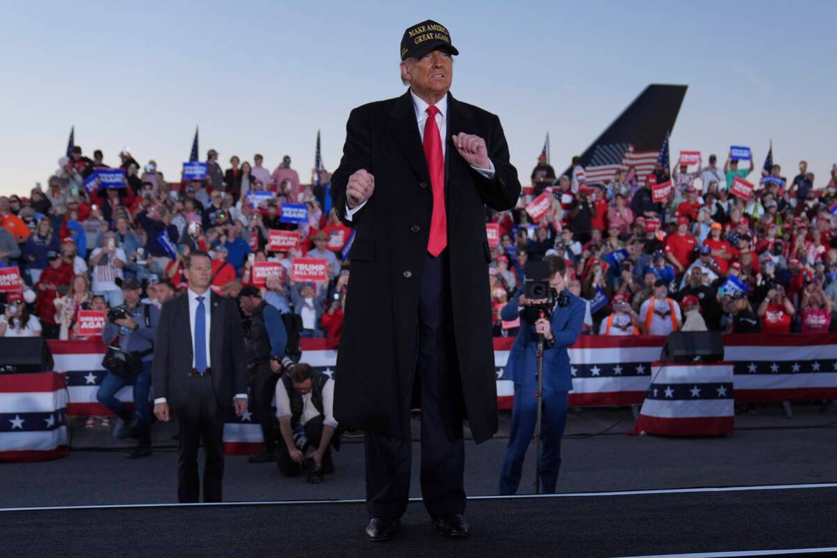 Republican presidential nominee former President Donald Trump dances at a campaign rally at Kin ...