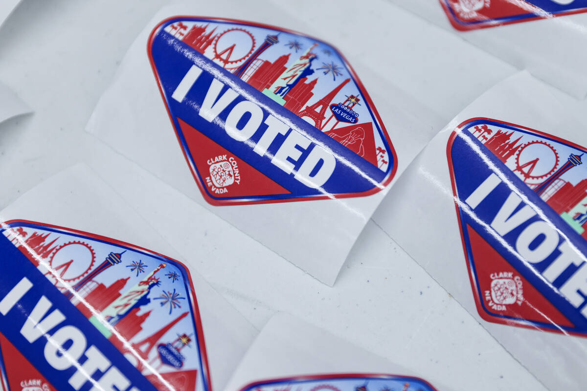 Stickers at a vote center at the East Las Vegas Library, Tuesday, Nov. 5, 2024. (Rachel Aston/L ...