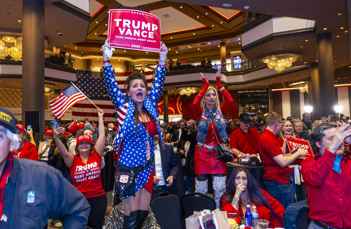 Supporter Valerie Rose yells out as she and others celebrate as Donald Trump is re-elected Pres ...