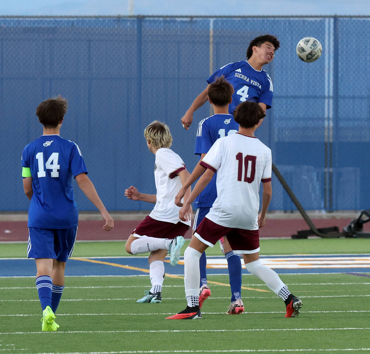 Sierra Vista midfielder Jacob Perez (4) heads the ball in the first half of against Faith Luthe ...