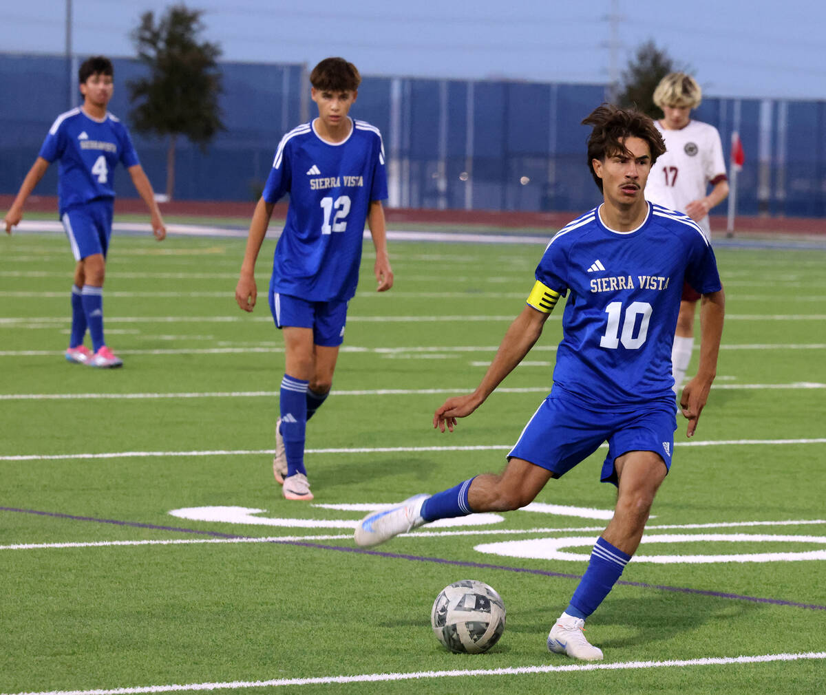 Sierra Vista forward Lazzar Ramos (10) passes the ball against Faith Lutheran in the first half ...