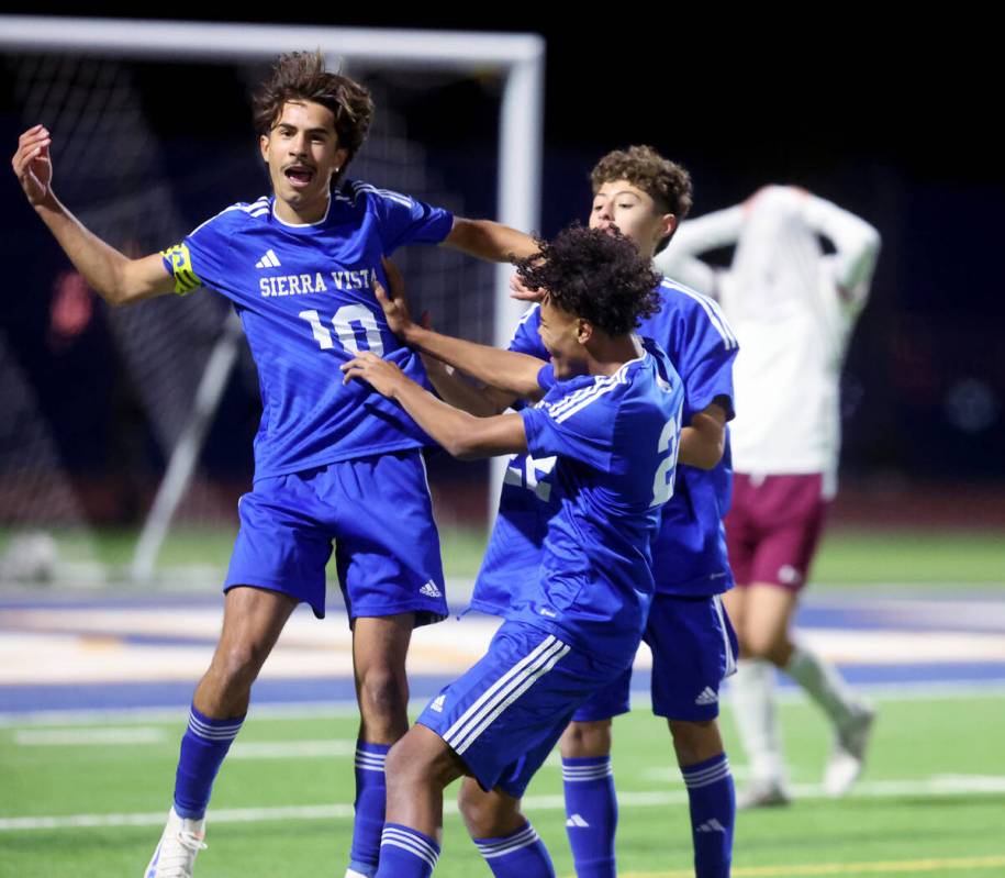 Sierra Vista forward Lazzar Ramos (10) celebrates a goal against Faith Lutheran in the second h ...