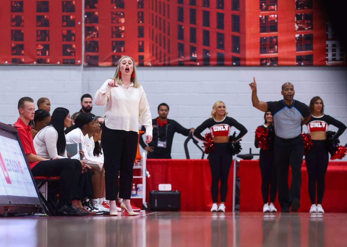 UNLV Lady Rebels head coach Lindy La Rocque directs her team as they play the Loyola Marymount ...