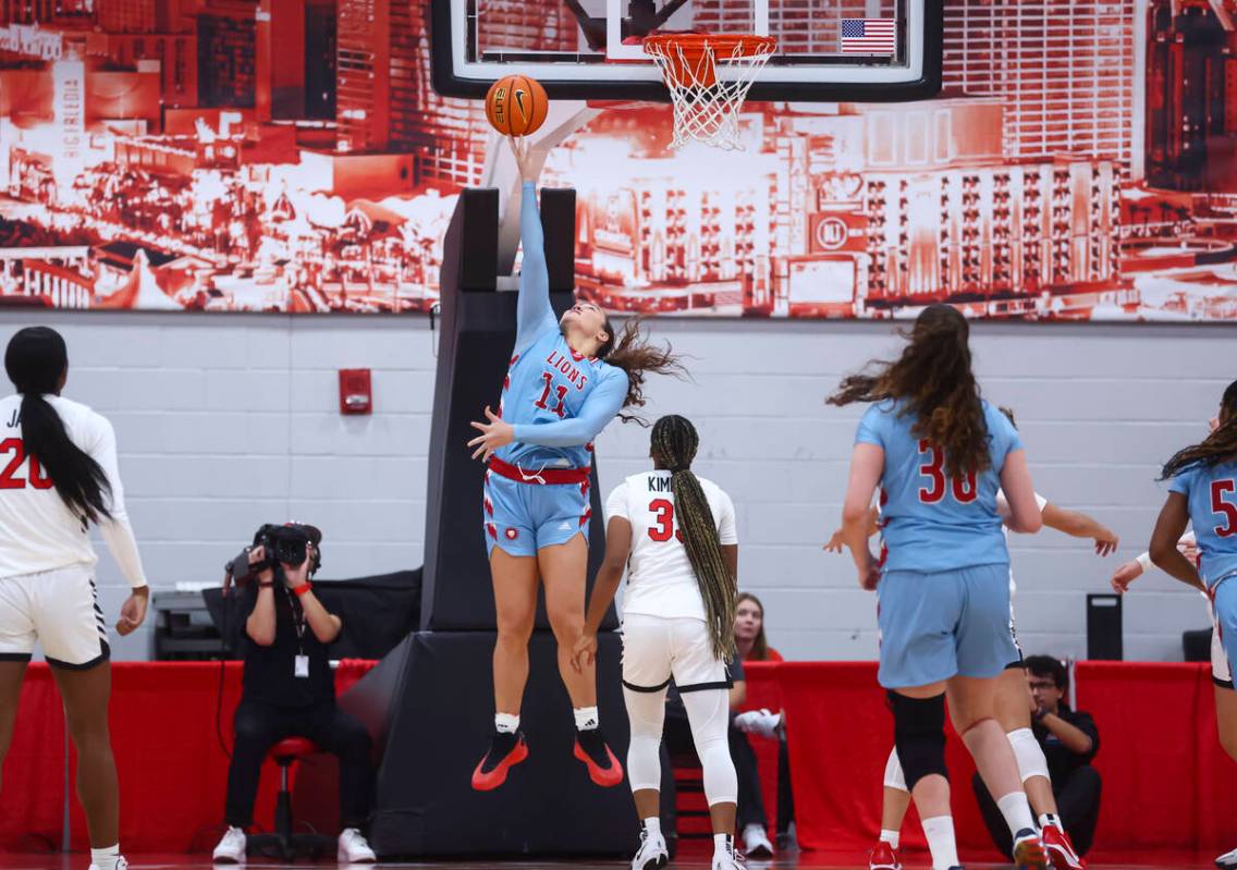 Loyola Marymount Lions forward Ali'a Matavao (11) lays up the ball against UNLV during the firs ...