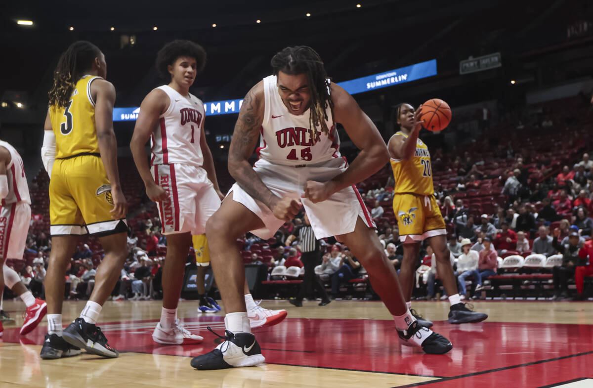 UNLV Rebels forward Jeremiah Cherry (45) reacts after scoring against the Alabama State Hornets ...