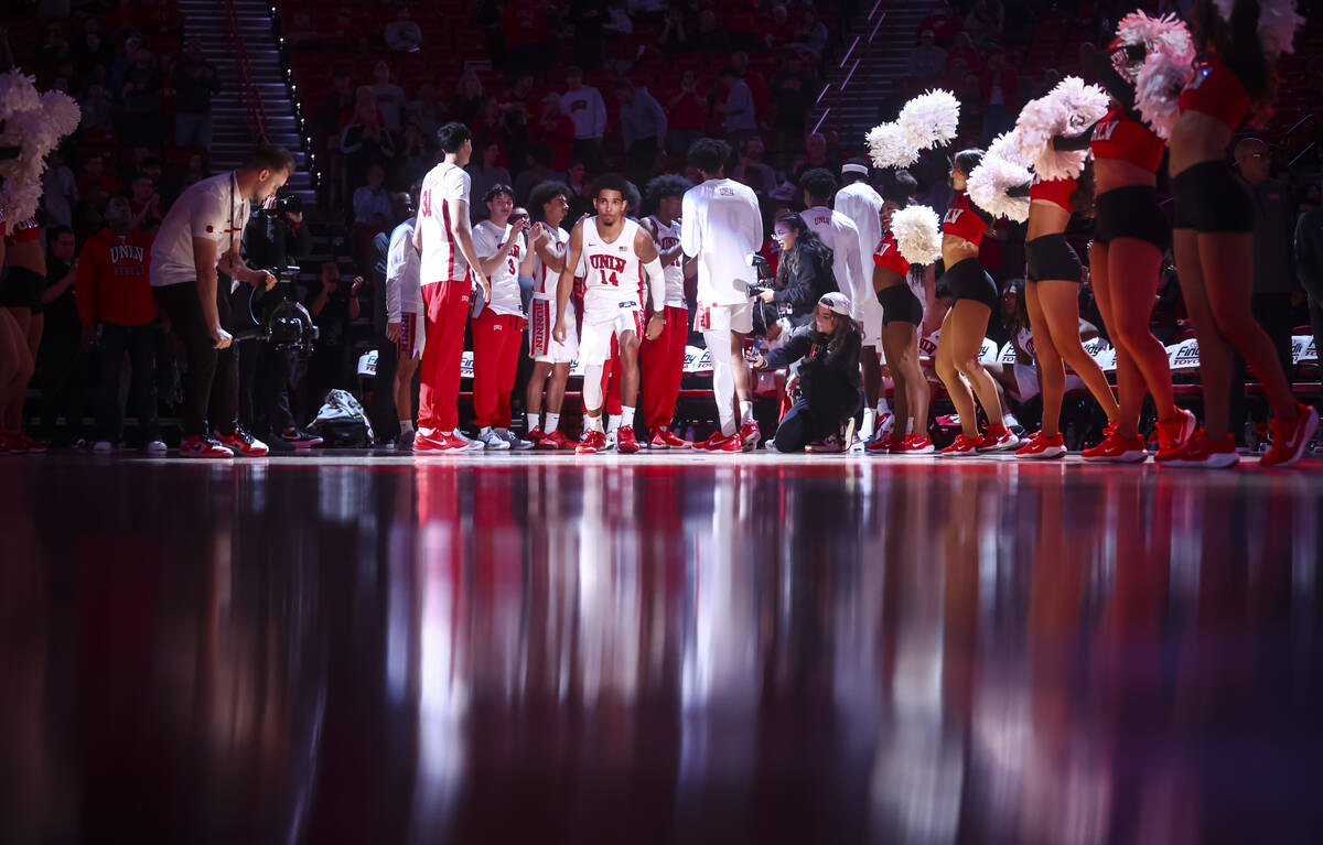 UNLV Rebels guard Jailen Bedford (14) is introduced before playing the Alabama State Hornets in ...