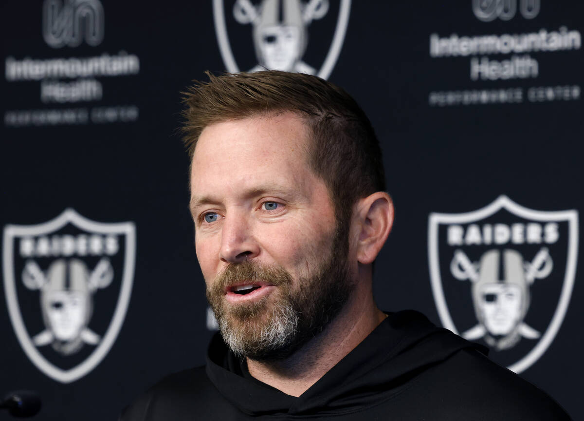 Raiders pass game coordinator Scott Turner addresses the media before an NFL football practice ...