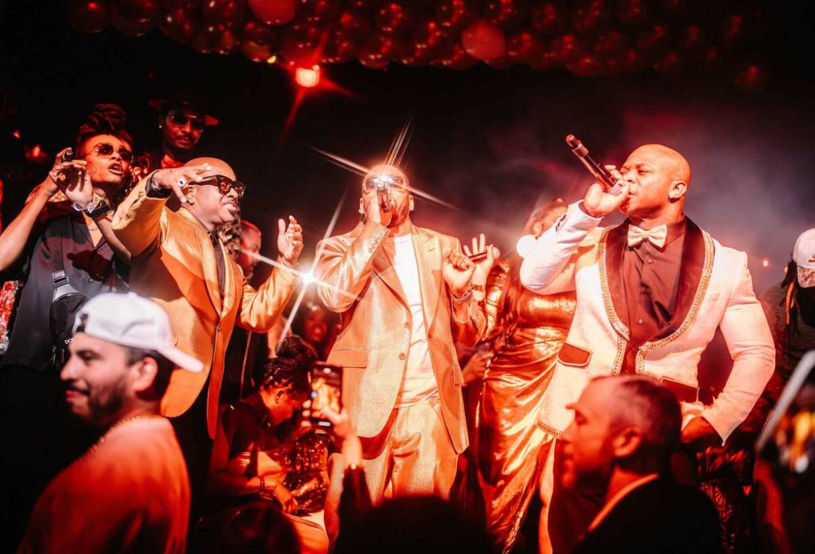 Jermaine Dupri, Nelly and O.T. Genasis are shown at Nelly's 50th birthday party at Tao Las Vega ...