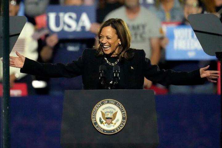 Democratic presidential nominee Vice President Kamala Harris addresses a campaign rally in Pitt ...